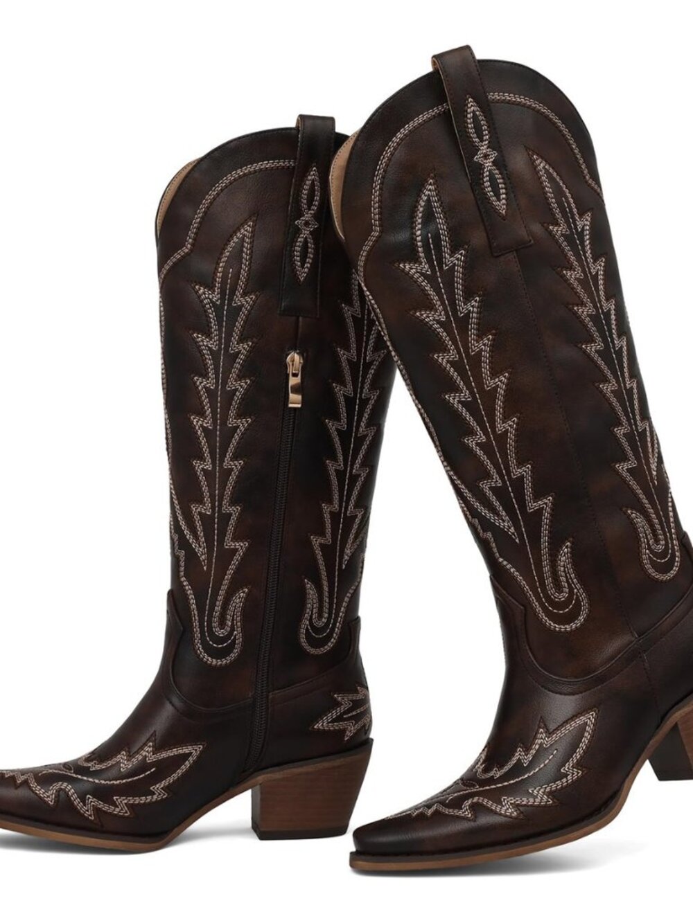 Western Cowboy Boots for Women Cowgirl Knee High Boots Pointed Toe Chunky Heel